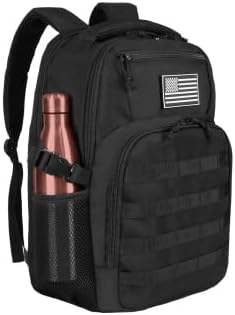 15'' Travel Laptop Backpack for Men, 25L Tactical College Backpacks with Water Pouches Both Sides, Portable Backpack for Men Women Business Work Bag Fight Approved, Small Black Backpack