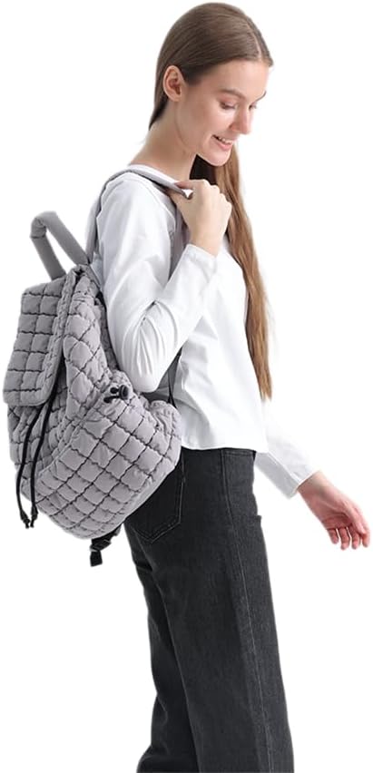VAKAER Puffer Backpack for Women Lightweight Quilted Hiker Pack with Drawstring Padding Backpacks for Travel Gym (Light Gray)