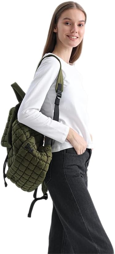 VAKAER Puffer Backpack for Women Lightweight Quilted Hiker Pack with Drawstring Padding Daypack Backpacks for Travel Gym (Army Green)
