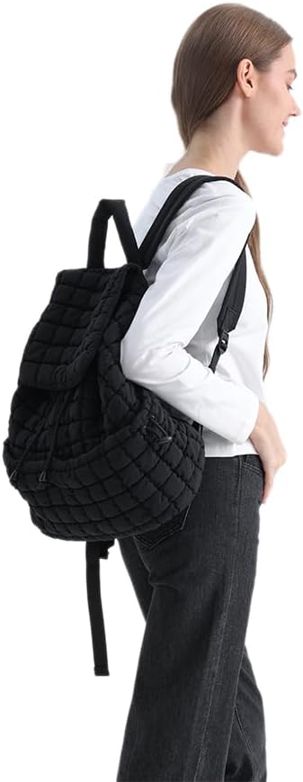 VAKAER Puffer Backpack for Women Lightweight Quilted Hiker Pack with Drawstring Padding Backpacks for Travel Gym (Black)