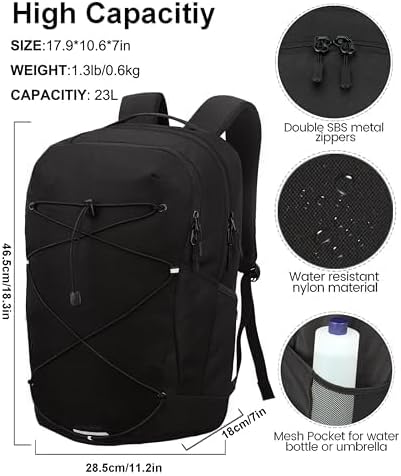 KEOFID Casual Backpack for Men and Women, Hiking Backpack for Travel, Black Daypacks for Sports, College, Water Resistant(Black)