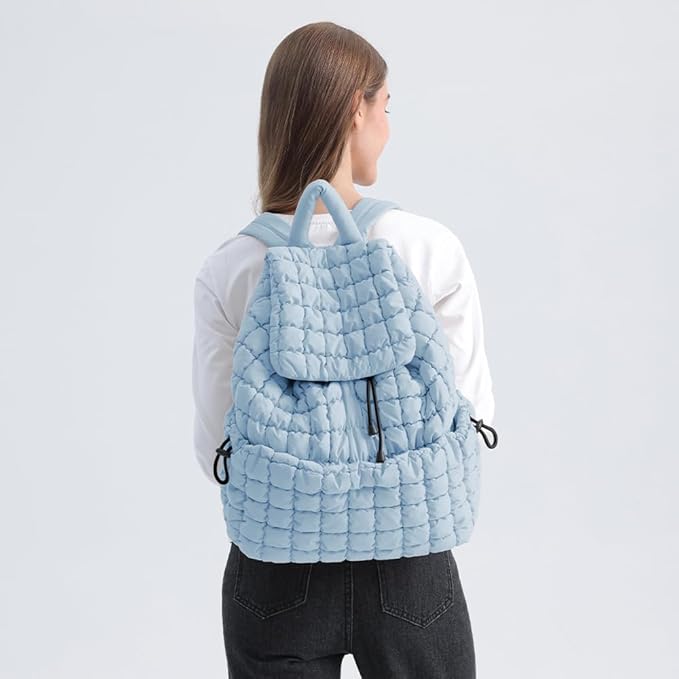 VAKAER Puffer Backpack for Women Lightweight Quilted Hiker Pack Drawstring Padding Backpacks for Travel Gym (Light Blue)