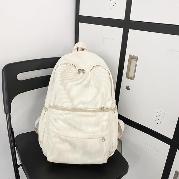 Aesthetic Backpack Cute Backpack Corduroy Backpack School Supplies Laptop Bag for Teens Girls Women Students Solid Color(White)