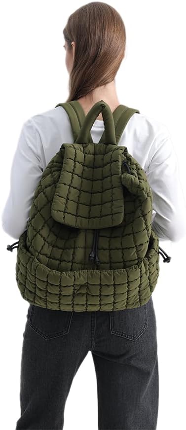 VAKAER Puffer Backpack for Women Lightweight Quilted Hiker Pack with Drawstring Padding Daypack Backpacks for Travel Gym (Army Green)