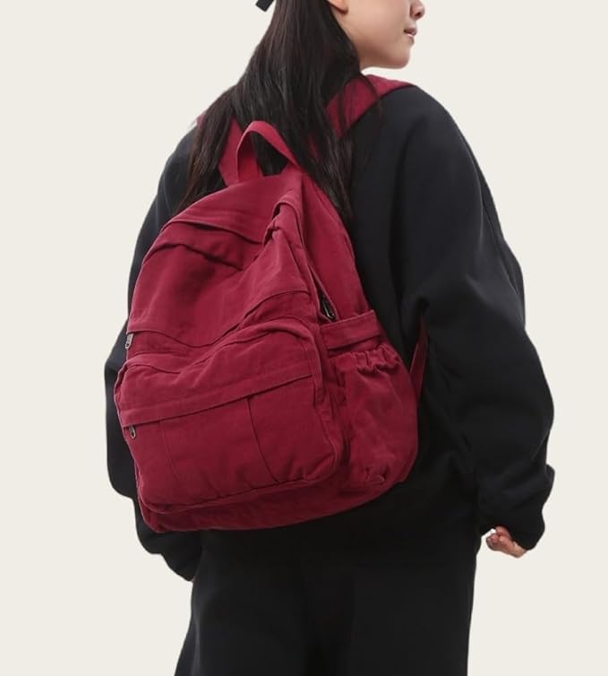 Burgundy Red Canvas Backpack for Women Retro Aesthetic Rucksack Basic Backpack for High School/College Students Travel Laptop Bag