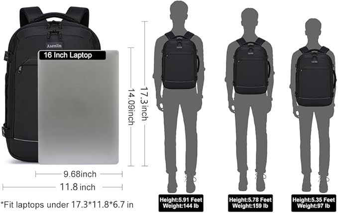 Asenlin Travel Backpack for Women Men,Flight Approved Carry On Luggage 30L Water Resistant Business Mochila Work Laptop Backpacks Fits TSA 15.6 Inch Computer College Weekender Outdoor Hiking-Black