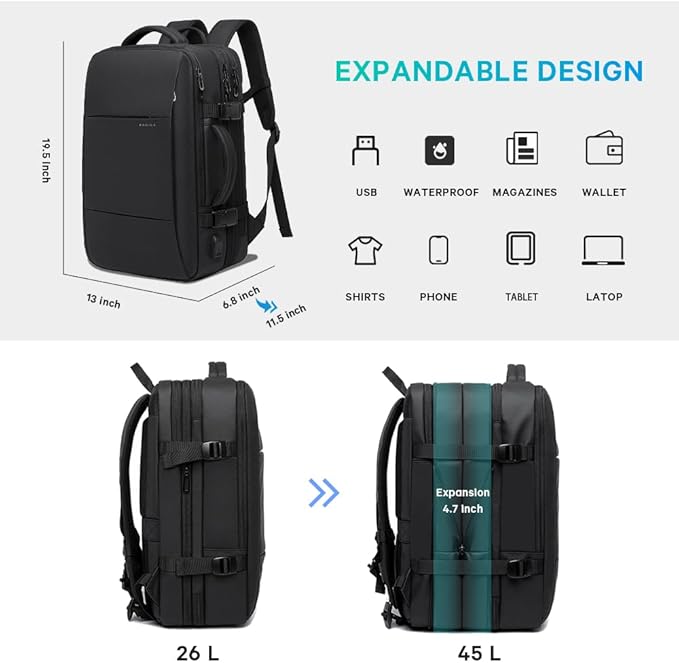 BANGE 45L Carry On Backpack, Weekender Travel Backpacks, 17.3 inch Laptop Back Pack Business Expandable Bag for Men and Women… (Blake45L（with3cubes)…