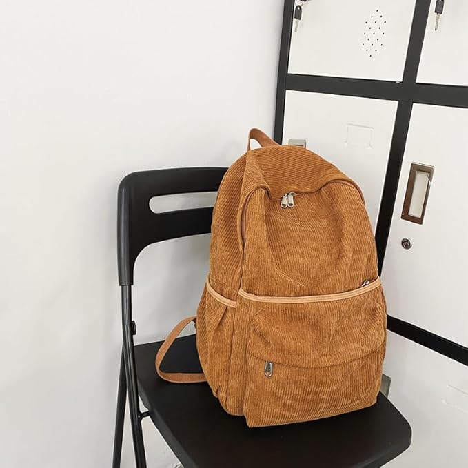 Aesthetic Backpack Cute Backpack Corduroy Backpack School Supplies Laptop Bag for Teens Girls Women Students Solid Color(Brown)
