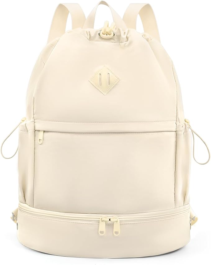 Drawstring Backpack Sports Gym Bag with Shoe Compartment and Wet Pocket String Swim Bag for Women Men Beach Backpack, Beige