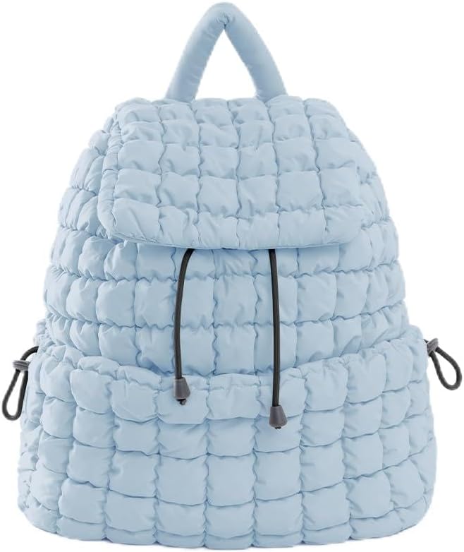 VAKAER Puffer Backpack for Women Lightweight Quilted Hiker Pack Drawstring Padding Backpacks for Travel Gym (Light Blue)