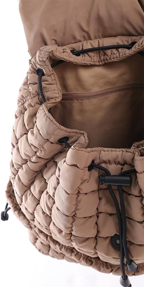 VAKAER Puffer Backpack for Women Lightweight Quilted Hiker Pack with Drawstring Padding Backpacks for Travel Gym (Khaki)