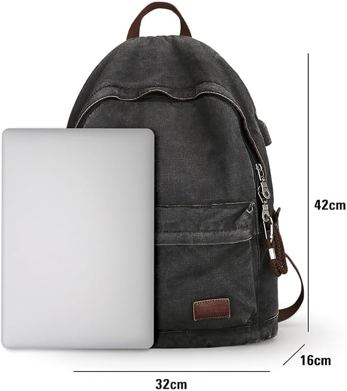 Muzze Canvas Backpack for Women and Men, Lightweight Classic Laptop Backpack with USB Charging Port for School, Travel and Daily Use, Black