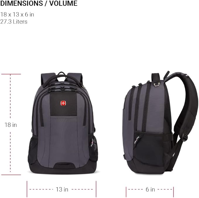 SWISSGEAR Cecil 18-Inch Laptop Backpack Fits 16-Inch Laptop, Travel Daypack with Organizer Pockets, Water Bottle Holders & Padded Straps – Dark Grey/Black