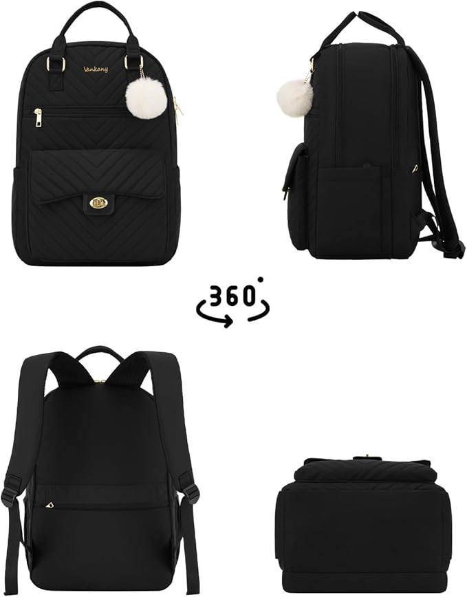 Laptop Backpack 15.6in for Women, Cute Big Students School Backpack for Teen Girls Kids Middle High School Work Bookbag, Black