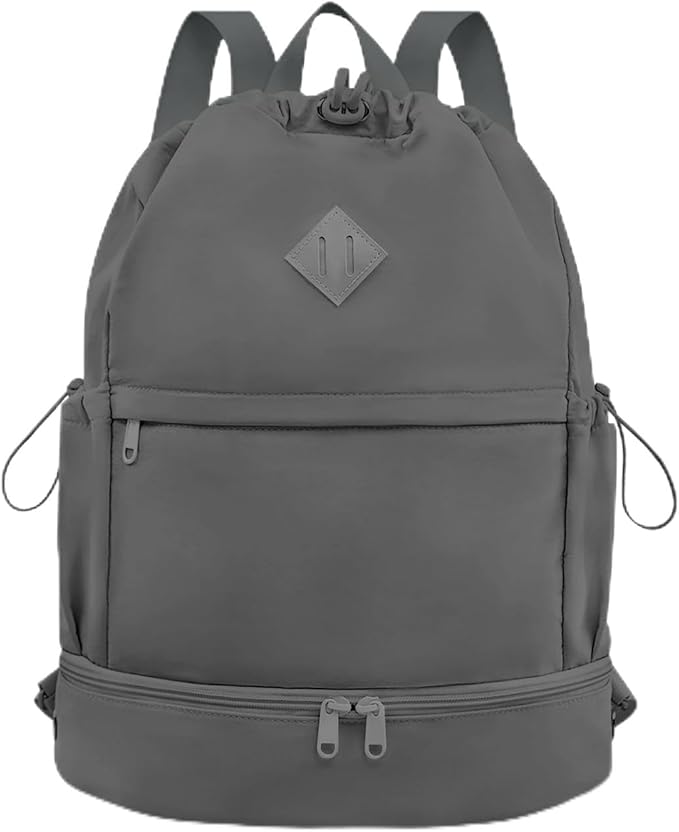 Drawstring Backpack Sports Gym Bag with Shoe Compartment and Wet Pocket String Swim Bag for Women Men Beach Backpack, Dark Gray
