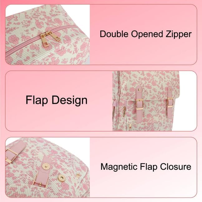 Women Laptop Backpack, Corduroy 15.6" Travel Backpack for Work College Business, Teacher Nurse Bag with Large Capacity School Bookbag Bags for Girls - Flowers Pink