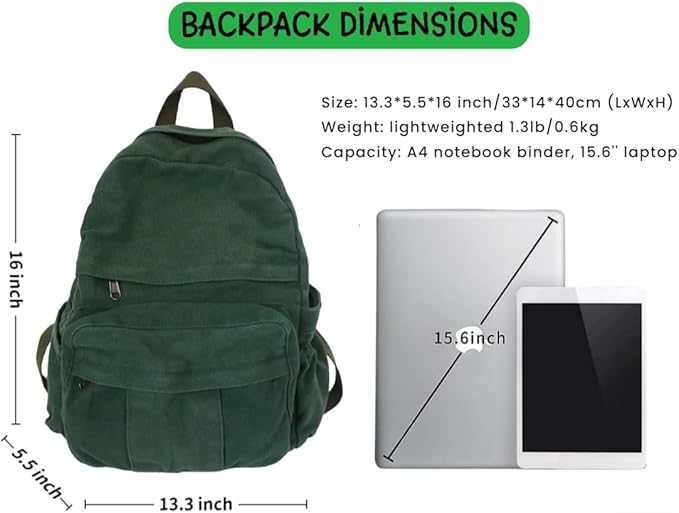 Green Canvas Backpack for Women Retro Aesthetic Rucksack Basic Backpack for High School/College Students Travel Laptop Bag