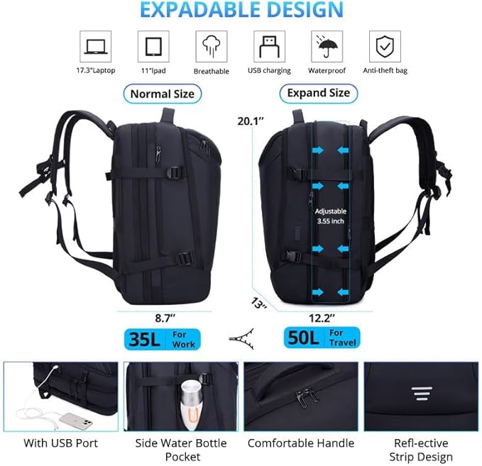 Travel Backpack for Men 50L Expandable Flight Approved Carry on Backpacks Luggage Suitcase for Travel Water Resistant 17.3 inch Laptop Backpack with 4 Packing Cubes