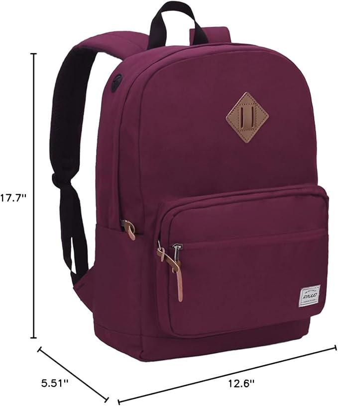 RAVUO School Backpack for Women | Classic College Bookbag for 15.6 inch Laptop, Water Resistant Daypack for Highschool Travel, Burgundy