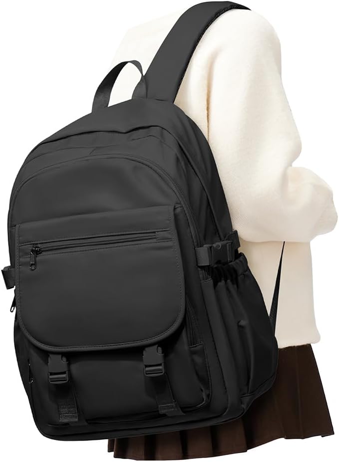 Black Lightweight Waterproof Backpack for Women Men Large Capacity College School Bag with Luggage Straps Multiple Pockets Durable High School Bookbag, Casual Daypacks for Students Girls Boys
