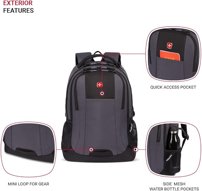 SWISSGEAR Cecil 18-Inch Laptop Backpack Fits 16-Inch Laptop, Travel Daypack with Organizer Pockets, Water Bottle Holders & Padded Straps – Dark Grey/Black