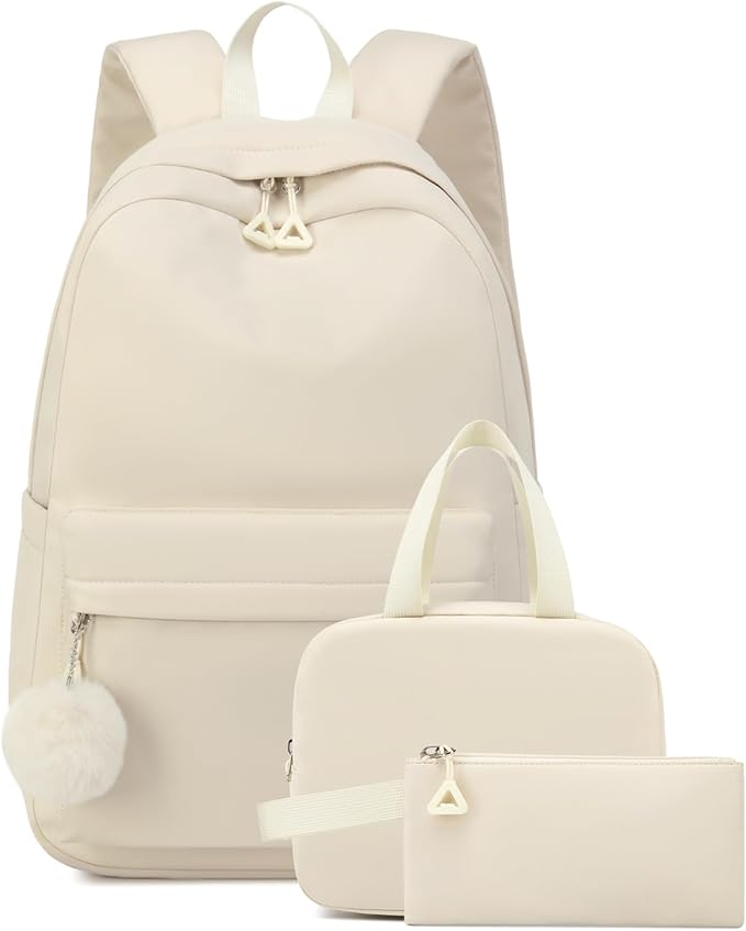 Girls Backpack with Lunch Box, Teens School Bag Laptop Backpack Cute Bookbag for Kids Elementary Middle High School, Beige 3-pack