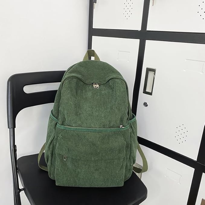 Aesthetic Backpack Cute Backpack Corduroy Backpack School Supplies Laptop Bag for Teens Girls Women Students Solid Color(Green)
