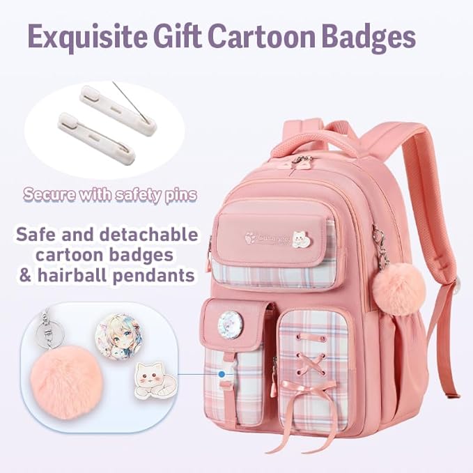 Cusangel Girls Backpack for School, 8Ages+ Student Laptop Backpack,18 inch Cute Daily BookBag, Large Capacity Waterproof Daypack