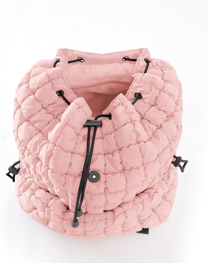 VAKAER Puffer Backpack for Women Lightweight Quilted Hiker Pack Drawstring Padding Backpacks for Travel Gym (Pink)