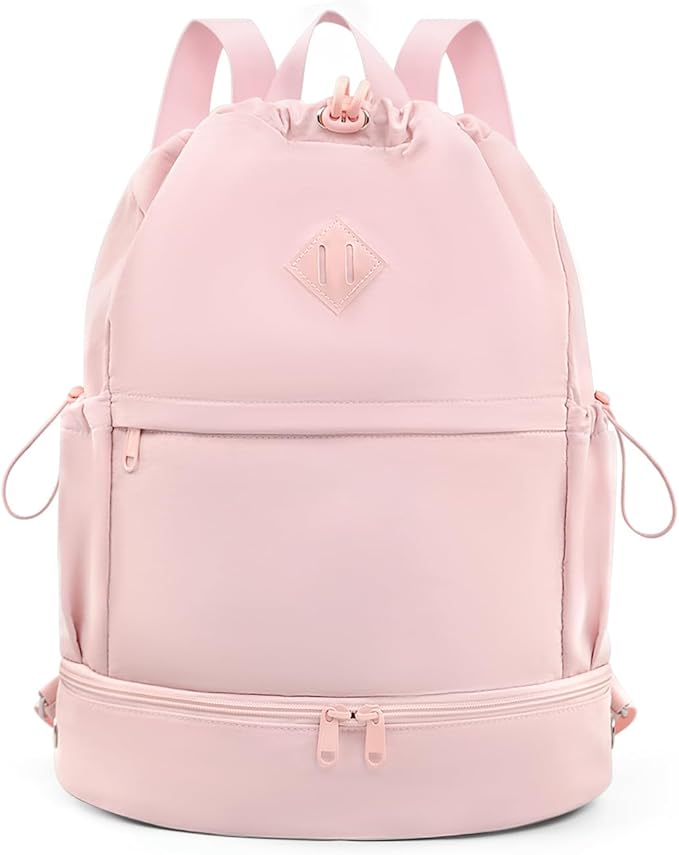 Drawstring Backpack Sports Gym Bag with Shoe Compartment and Wet Pocket String Swim Bag for Women Men Beach Backpack, Pink