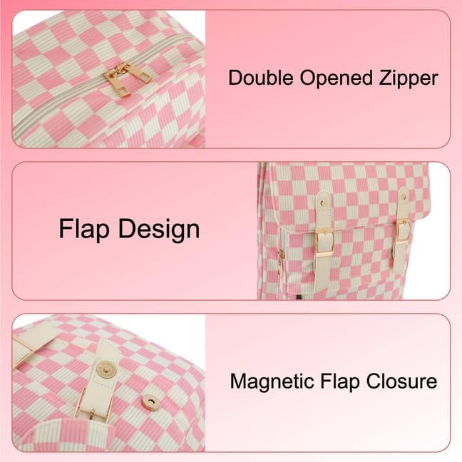 Women Laptop Backpack, Corduroy 15.6" Travel Backpack for Work College Business, Teacher Nurse Bag with Large Capacity School Bookbag Bags for Girls - Checkered Pink