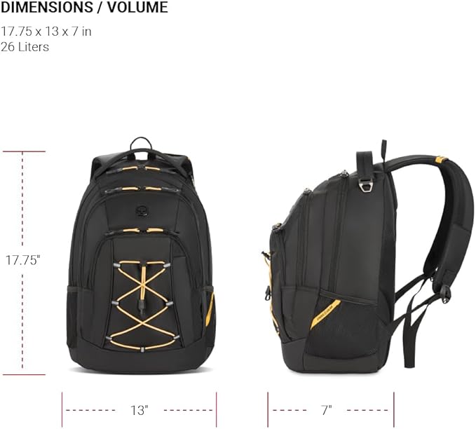 SwissGear 1186 Special Edition 13” Laptop Backpack Black/Gold – Compact Tech Bag with Reflective Accents – Multiple Organizer Pockets with Bungee Cords & D-ring Attachment Point