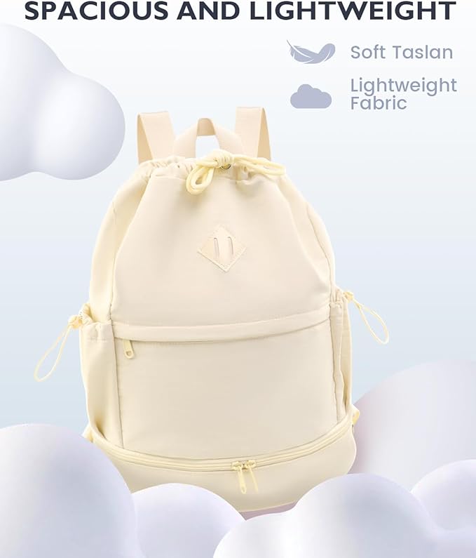Drawstring Backpack Sports Gym Bag with Shoe Compartment and Wet Pocket String Swim Bag for Women Men Beach Backpack, Beige