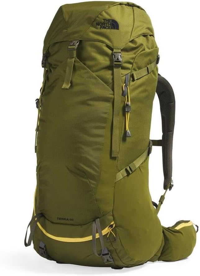 The North Face Terra 65 Backpack - Unisex Hiking Pack, Cinch-Top Opening with Zipper, Pole & Ice Axe Attachments, Forest Olive/New Taupe Green-NPF, Small/Medium