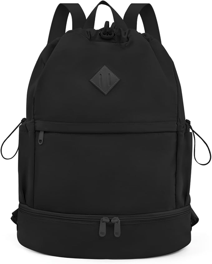 Drawstring Backpack Sports Gym Bag with Shoe Compartment and Wet Pocket String Swim Bag for Women Men Beach Backpack, Black