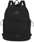 Drawstring Backpack Sports Gym Bag with Shoe Compartment and Wet Pocket String Swim Bag for Women Men Beach Backpack, Black