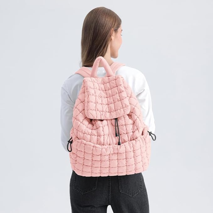 VAKAER Puffer Backpack for Women Lightweight Quilted Hiker Pack Drawstring Padding Backpacks for Travel Gym (Pink)