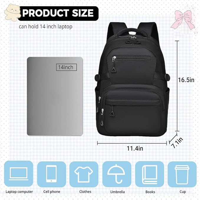 Preppy Aesthetic Large Laptop Backpack Y2K Vintage College Daypack for Travel Work Lightweight Waterproof Commute Bag (Black)