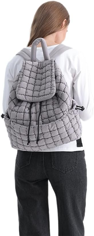 VAKAER Puffer Backpack for Women Lightweight Quilted Hiker Pack with Drawstring Padding Backpacks for Travel Gym (Light Gray)