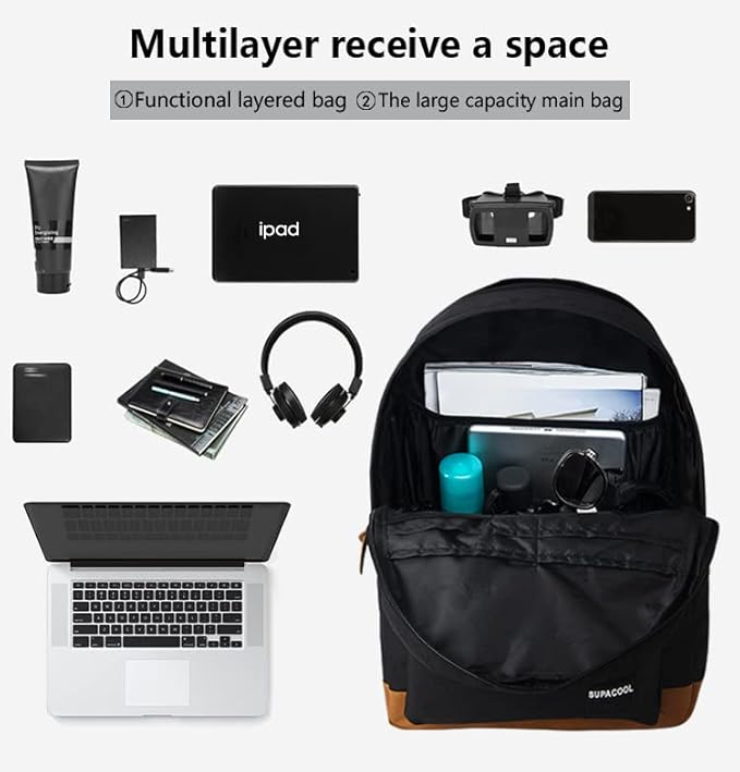 SUPACOOL Lightweight Laptop Backpack with USB Charging Port for Men and Women, Double Layers Backpack for College, Work, Travel, Casual(Black and brown)