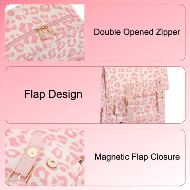 Women Laptop Backpack, Corduroy 15.6" Travel Backpack for Work College Business, Teacher Nurse Bag with Large Capacity School Bookbag Bags for Girls - Leopard Pink