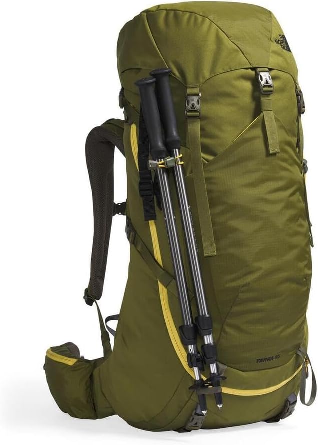 The North Face Terra 55 Backpack - Unisex Hiking Pack, Cinch-Top Opening with Zipper, Pole & Ice Axe Attachments, Forest Olive/New Taupe Green-NPF, Small/Medium