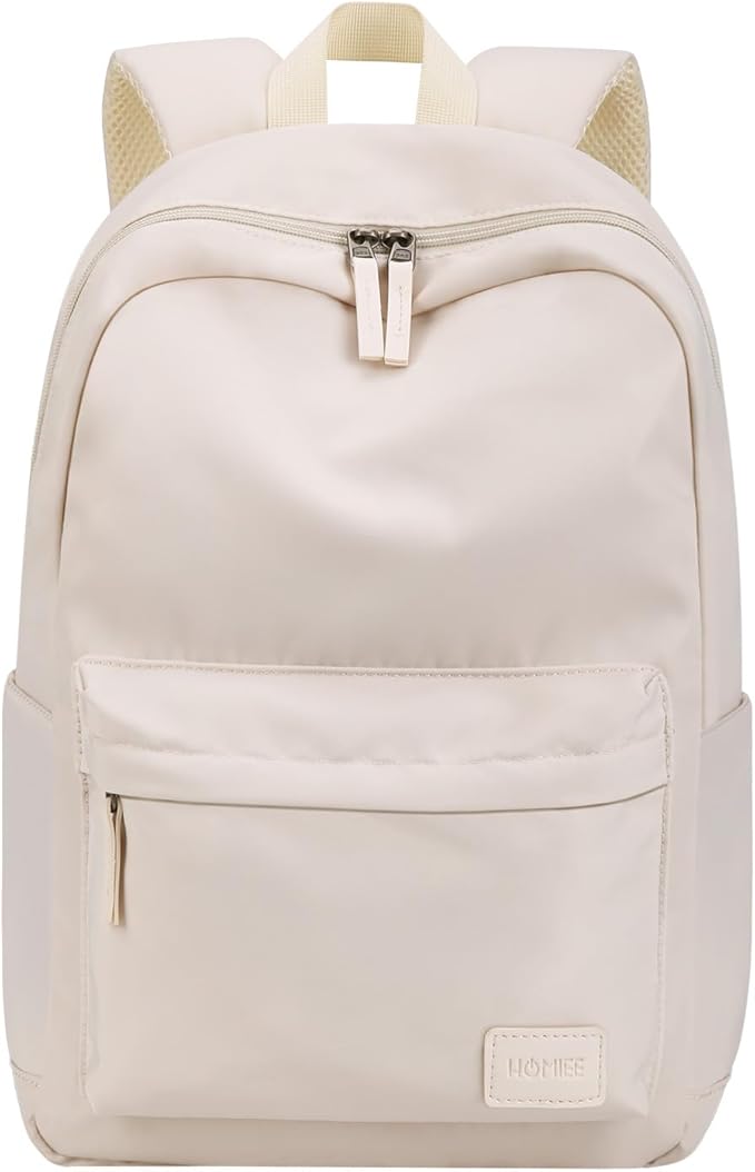 HOMIEE Lightweight Casual Laptop Backpack Fits 15.6 Inch Computer, Water-Resistant Small Daypack Cute Unisex Bookbag for Teen College Work Travel, Beige