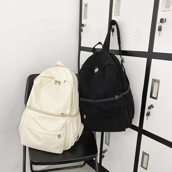 Aesthetic Backpack Cute Backpack Corduroy Backpack School Supplies Laptop Bag for Teens Girls Women Students Solid Color(Black)