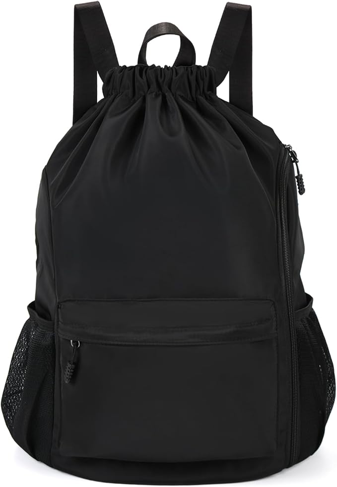 Valleycomfy Waterproof Drawstring Gym Backpack Bag for Men & Women,Sports Gym Bag with Side Pocket Black