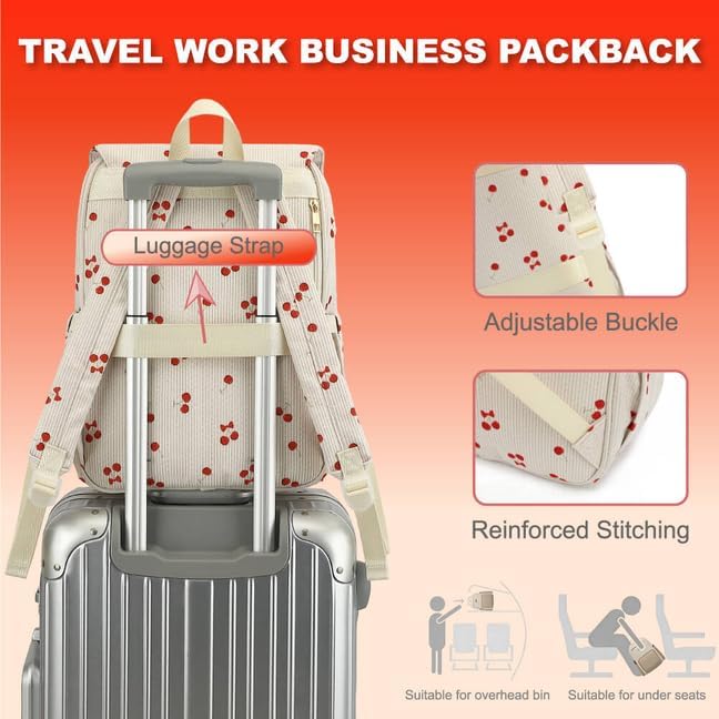 Women Laptop Backpack, Corduroy 15.6" Travel Backpack for Work College Business, Teacher Nurse Bag with Large Capacity School Bookbag Bags for Girls - Cherry Bow Beige