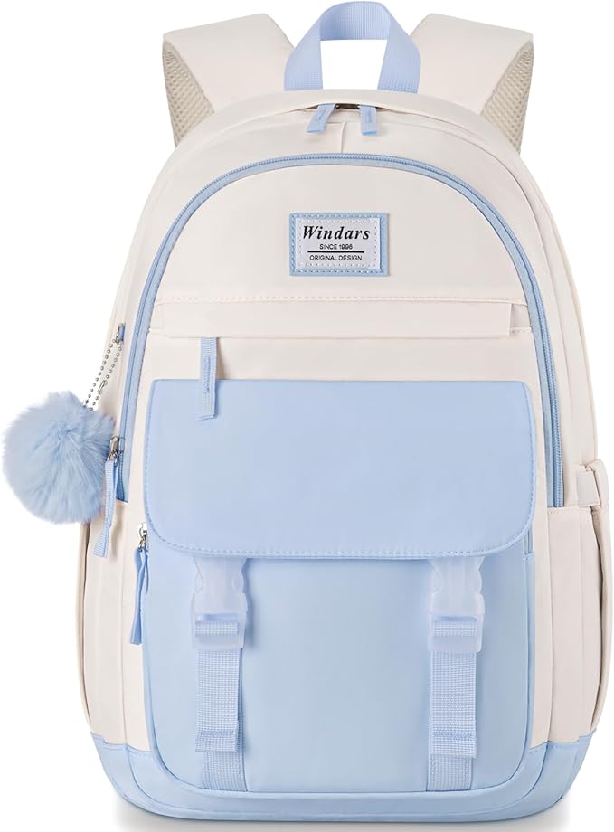 School Backpack for Teen Girls, Cute College Backpacks for Women Students Aesthetic Bookbag Large 15.6 Inch Laptop Bag Middle School Travel Back Pack (Blue Beige)