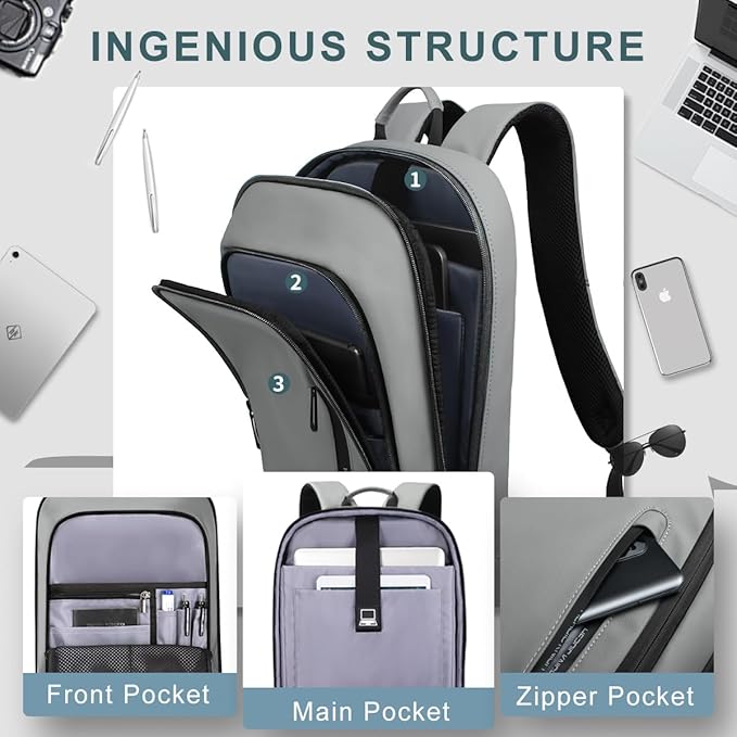 hk Backpack for Men Business Slim Backpack with USB Charger Computer Lightweight Anti-theft Travel Backpacks 15.6 inch Water Resistant Laptop Bag for Work Office College-Grey