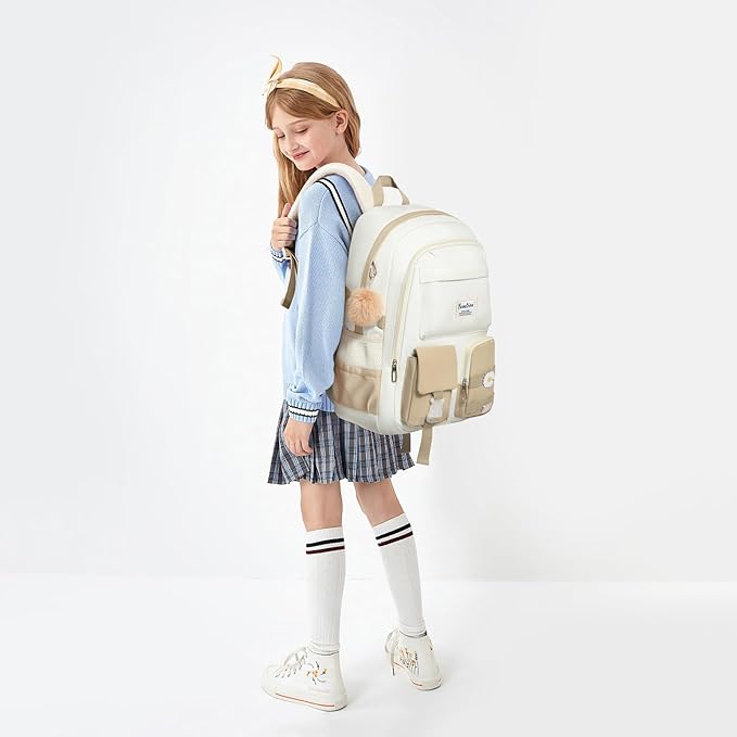YAMTION School Backpack for Teen Girls,15.6in Laptop Backpack Kids Bookbag for Middle School College Students,Cute School Bag for Women (Khakibeige, Fits 15.6in PC)