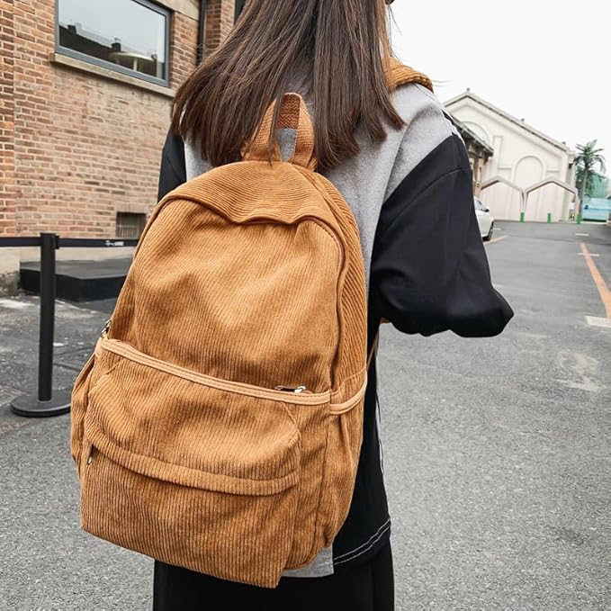Aesthetic Backpack Cute Backpack Corduroy Backpack School Supplies Laptop Bag for Teens Girls Women Students Solid Color(Brown)